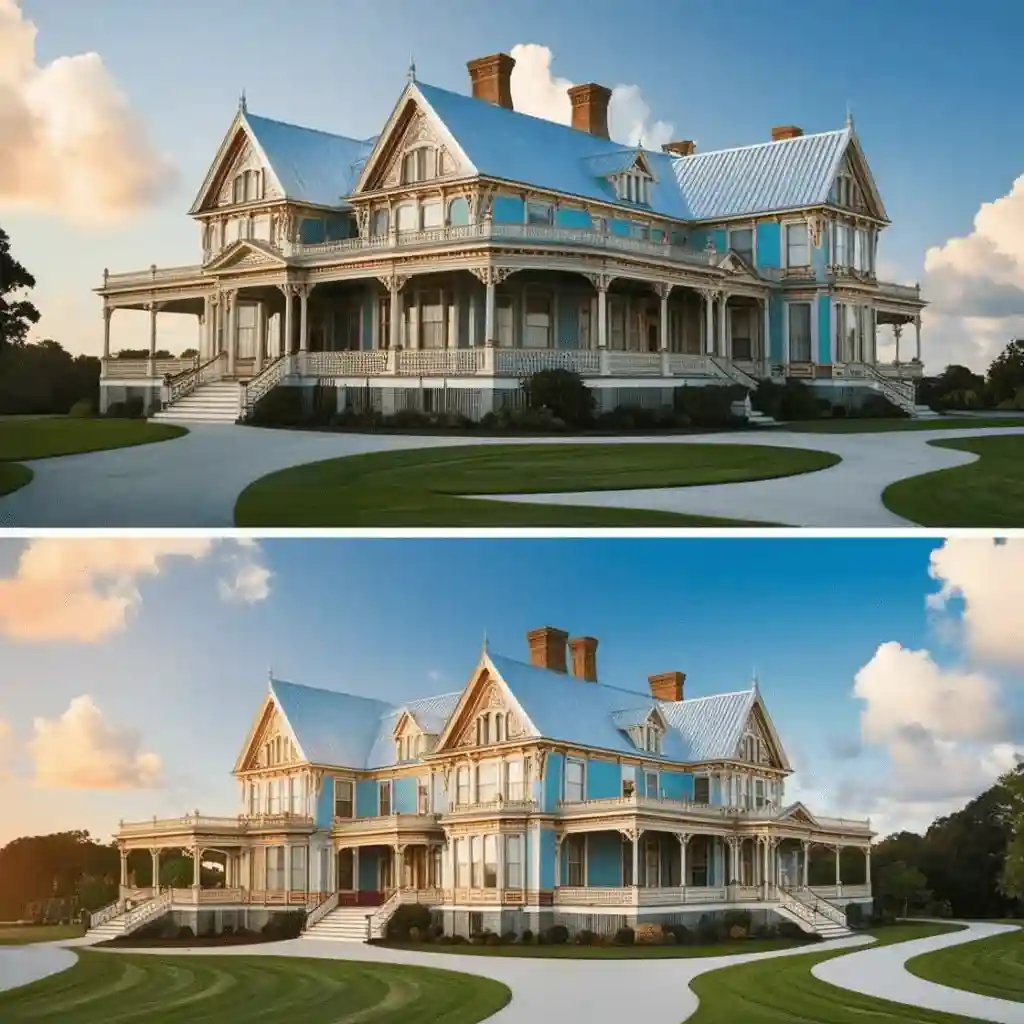 A large Victorian-style mansion with a freshly painted metal roof, showcasing a clean, reflective silver finish. The house features intricate woodwork, multiple chimneys, and a wraparound porch, set against a bright blue sky with scattered clouds, emphasizing the elegance of the restored roof and home exterior.