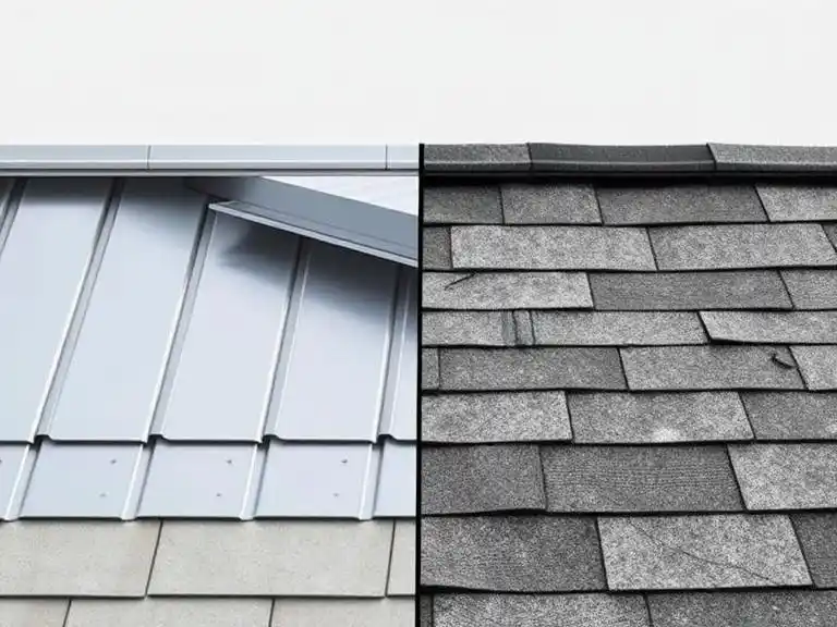 Side-by-side comparison of an aluminum roof and an asphalt shingle roof. The left side shows a sleek, durable aluminum roof with a metallic finish, while the right side displays an aging asphalt shingle roof with visible wear, including cracks and missing shingles. The image highlights the durability and longevity advantages of aluminum roofing over traditional shingles.