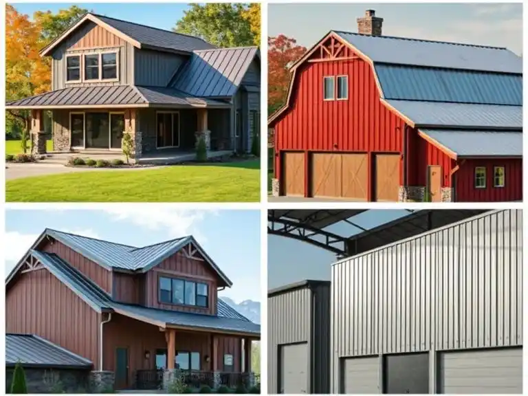 A collage of four different buildings showcasing metal roofing used as siding. The top left image features a modern residential home with standing seam metal siding. The top right image displays a red barn with a blue corrugated metal roof and siding. The bottom left image presents a rustic-style home with metal siding and roofing, while the bottom right image highlights an industrial warehouse with vertical ribbed metal panels.