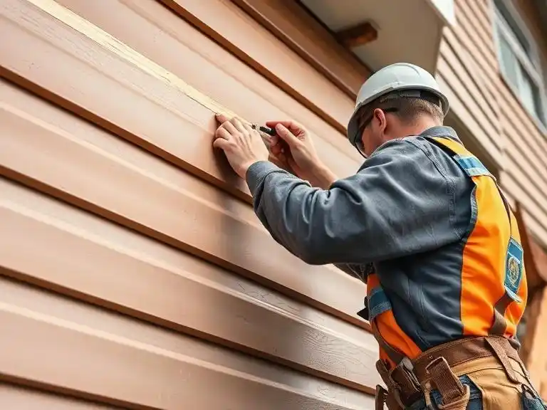 A construction worker wearing a hard hat and safety vest installs metal siding on a building. He is using a tool to secure horizontal metal panels, ensuring a precise fit.